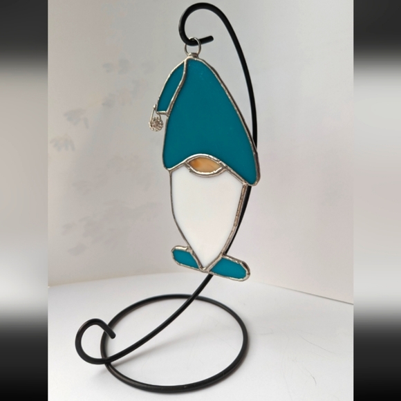 Handmade Blue Gnome Stained Glass Suncatcher Ornament with Blue Hat - Picture 1 of 5